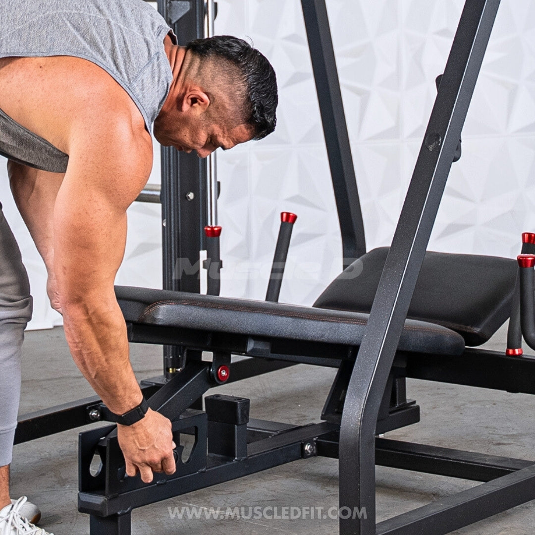 Excel Vertical Leg Press - Muscle D Fitness - Plate Load Leg Press - Adjustabe Back Pad - Weight Storage Pegs - Safety stops