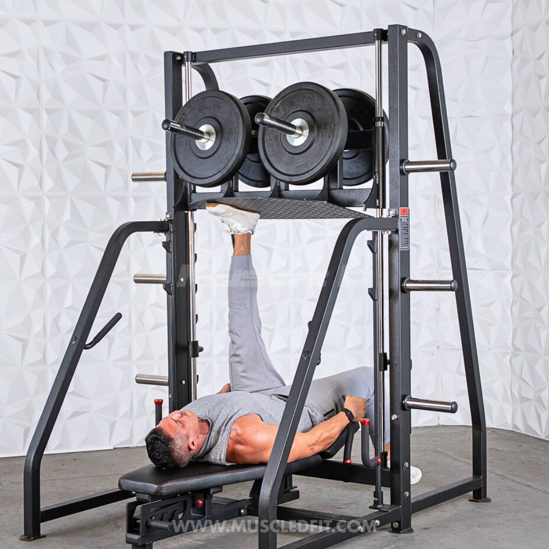 Excel Vertical Leg Press - Muscle D Fitness - Plate Load Leg Press - Adjustabe Back Pad - Weight Storage Pegs - Safety stops