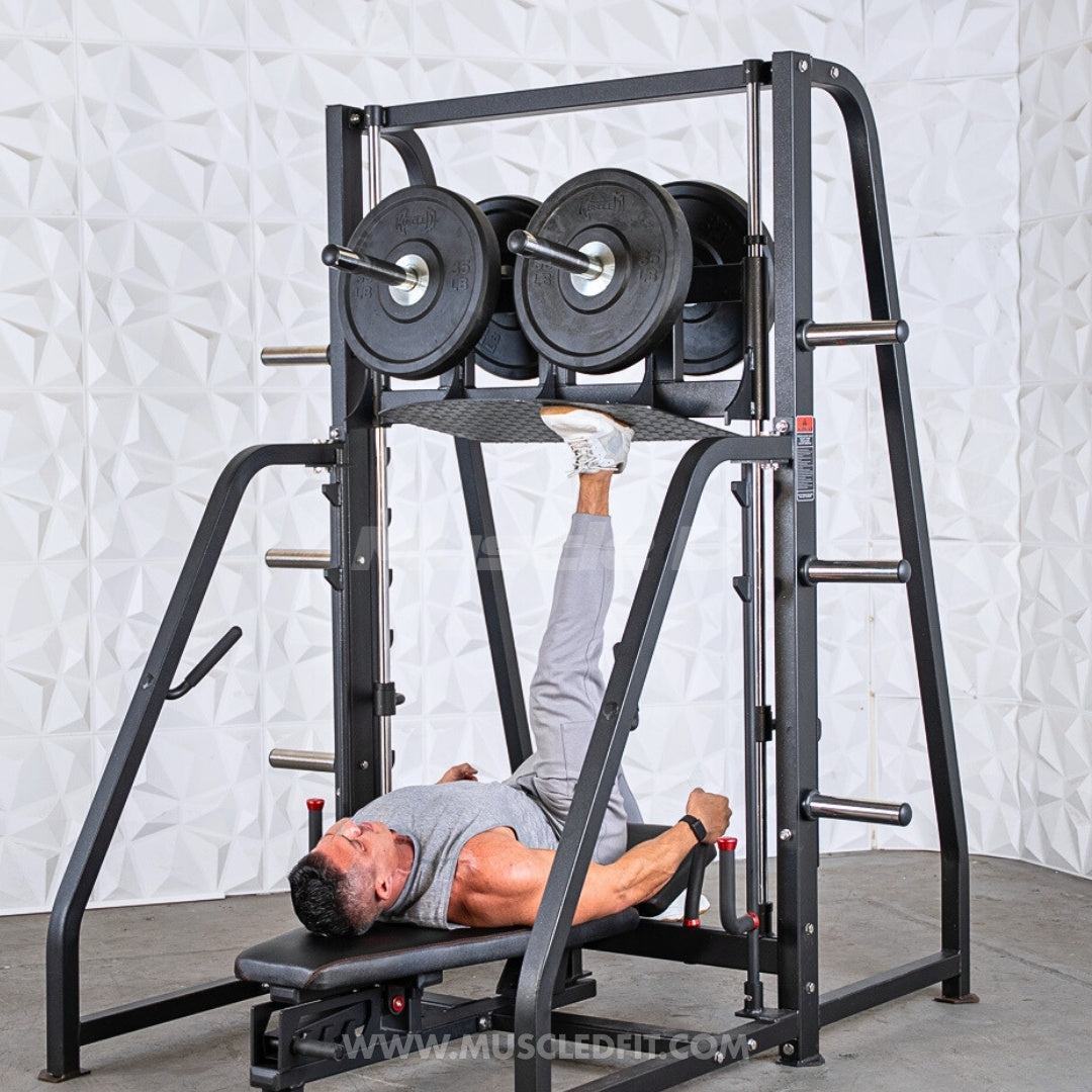 Excel Vertical Leg Press - Muscle D Fitness - Plate Load Leg Press - Adjustabe Back Pad - Weight Storage Pegs - Safety stops