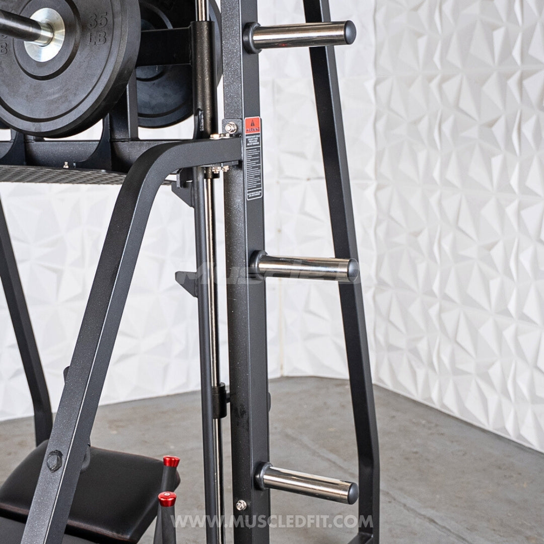 Excel Vertical Leg Press - Muscle D Fitness - Plate Load Leg Press - Adjustabe Back Pad - Weight Storage Pegs - Safety stops