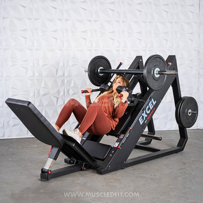 Excel Linear Hack/Leg Press - Muscle D Fitness - Plate Load Hack Squat Combo - Weight Storage Pegs - Adjustable Foot Plate / Back Pad