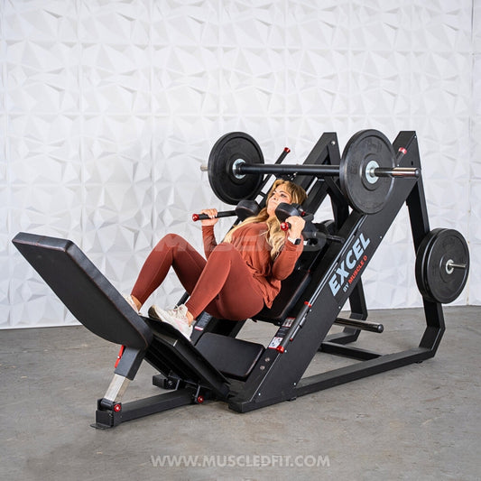 Excel Linear Hack/Leg Press - Muscle D Fitness - Plate Load Hack Squat Combo - Weight Storage Pegs - Adjustable Foot Plate / Back Pad