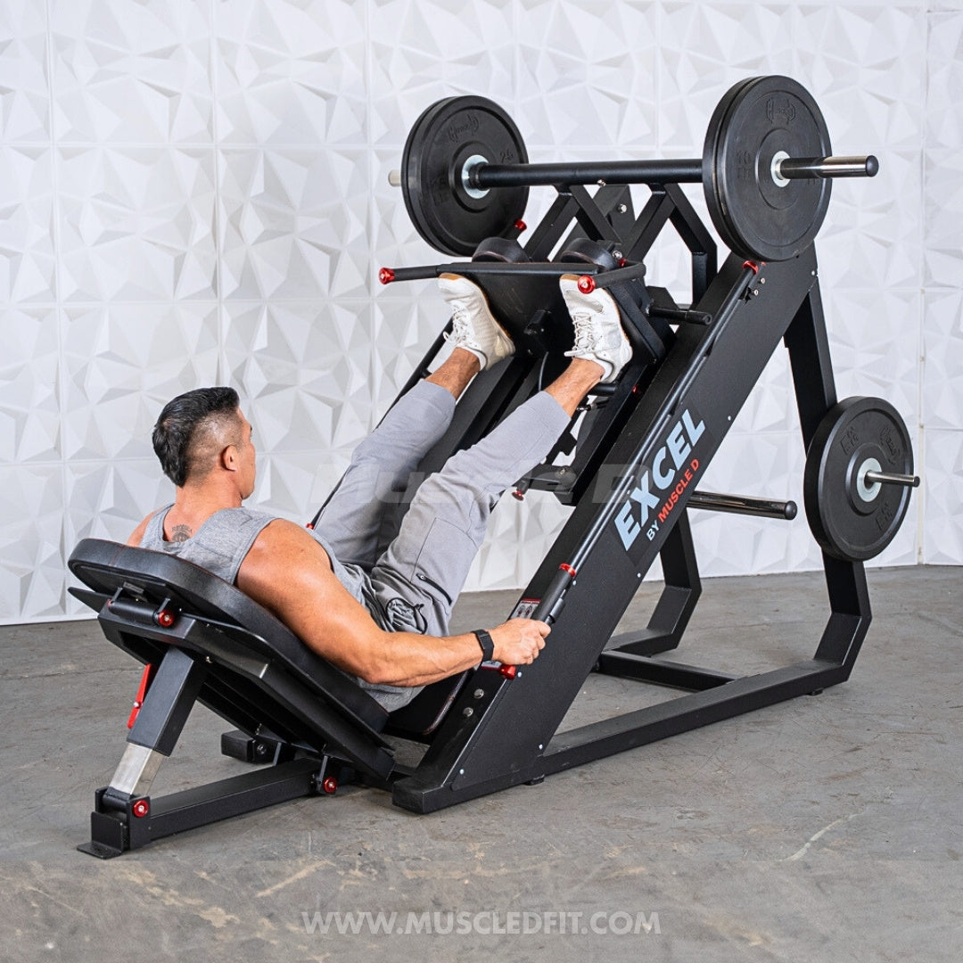 Excel Linear Hack/Leg Press - Muscle D Fitness - Plate Load Hack Squat Combo - Weight Storage Pegs - Adjustable Foot Plate / Back Pad