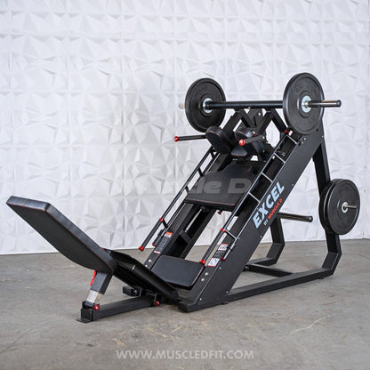 Excel Linear Hack/Leg Press - Muscle D Fitness - Plate Load Hack Squat Combo - Weight Storage Pegs - Adjustable Foot Plate / Back Pad