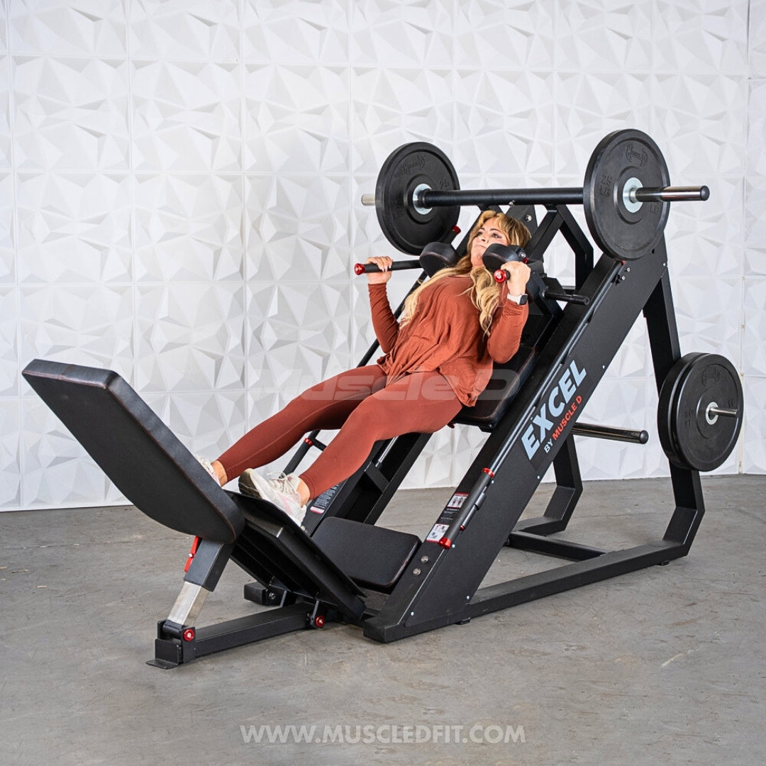 Excel Linear Hack/Leg Press - Muscle D Fitness - Plate Load Hack Squat Combo - Weight Storage Pegs - Adjustable Foot Plate / Back Pad