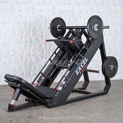 Excel Linear Hack/Leg Press - Muscle D Fitness - Plate Load Hack Squat Combo - Weight Storage Pegs - Adjustable Foot Plate / Back Pad