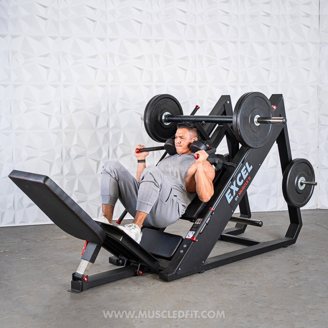 Excel Linear Hack/Leg Press - Muscle D Fitness - Plate Load Hack Squat Combo - Weight Storage Pegs - Adjustable Foot Plate / Back Pad