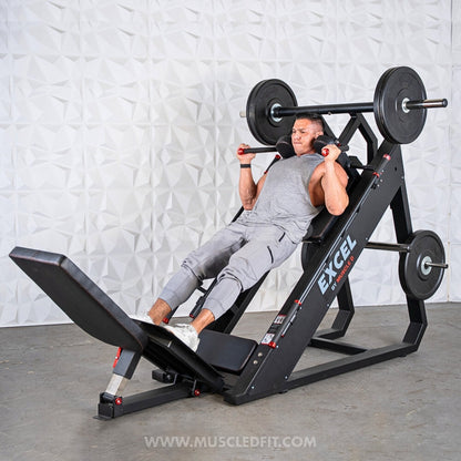 Excel Linear Hack/Leg Press - Muscle D Fitness - Plate Load Hack Squat Combo - Weight Storage Pegs - Adjustable Foot Plate / Back Pad