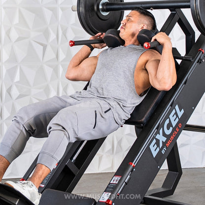 Excel Linear Hack/Leg Press - Muscle D Fitness - Plate Load Hack Squat Combo - Weight Storage Pegs - Adjustable Foot Plate / Back Pad
