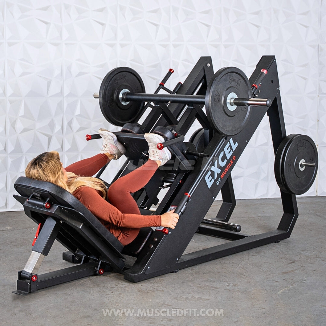 Excel Linear Hack/Leg Press - Muscle D Fitness - Plate Load Hack Squat Combo - Weight Storage Pegs - Adjustable Foot Plate / Back Pad