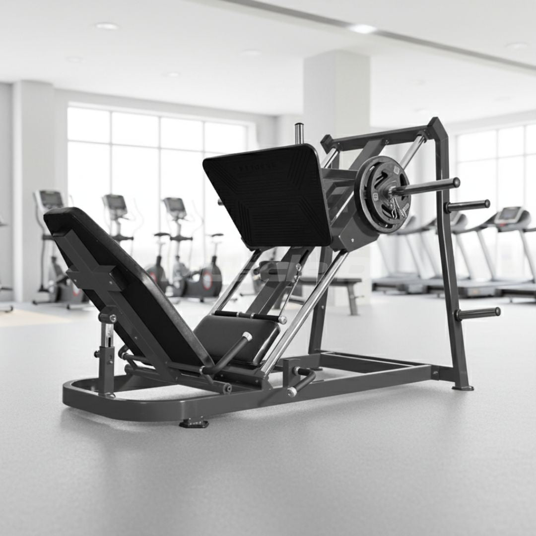 Excel Roller Bearing Leg Press - Muscle D Fitness - Plate Load Leg Press - Weight Storage Pegs - Adjustable Back Pad - Grit Grind Strength