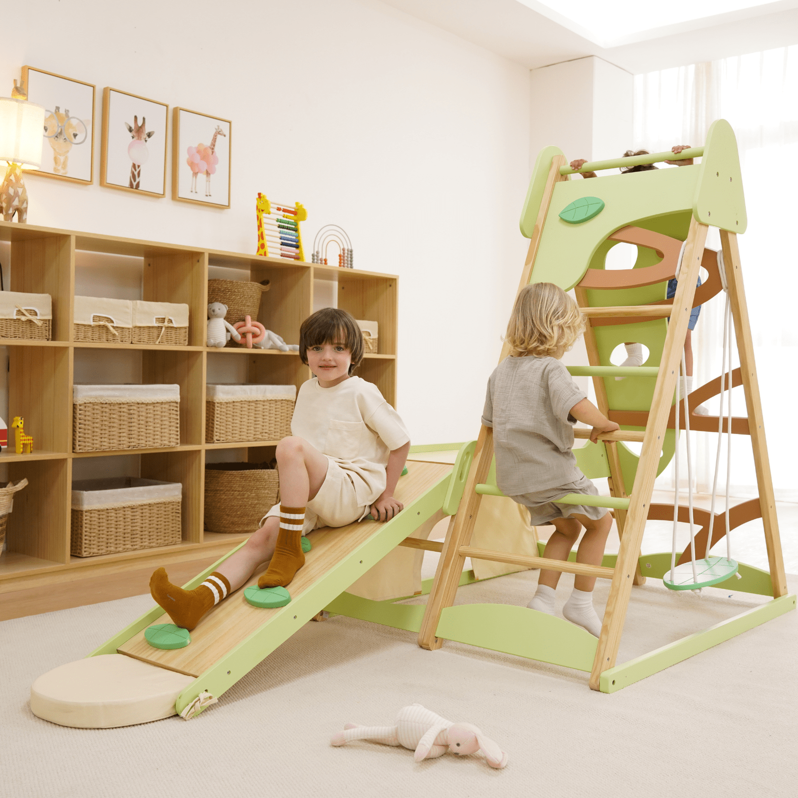 Avenlur Bush 6 - in - 1 Indoor Wooden Jungle Gym Climber – Montessori Toddler Playset with Slide, Rock Wall, Ladder & More - Grit Grind Strength