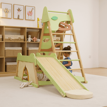 Avenlur Bush 6 - in - 1 Indoor Wooden Jungle Gym Climber – Montessori Toddler Playset with Slide, Rock Wall, Ladder & More - Grit Grind Strength
