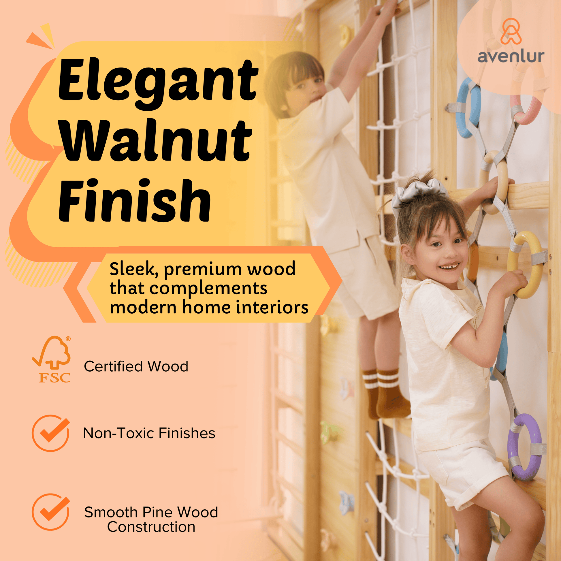 Avenlur.com Indoor 95 Inches Walnut Modular 9-in-1 Swedish Ladder Wall Gym – Indoor Climber for Kids & Toddlers