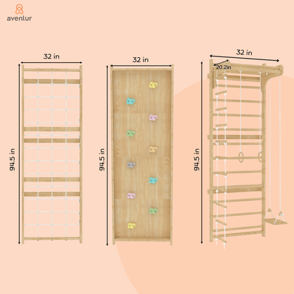 Avenlur.com Indoor 95 Inches Walnut Modular 9-in-1 Swedish Ladder Wall Gym – Indoor Climber for Kids & Toddlers