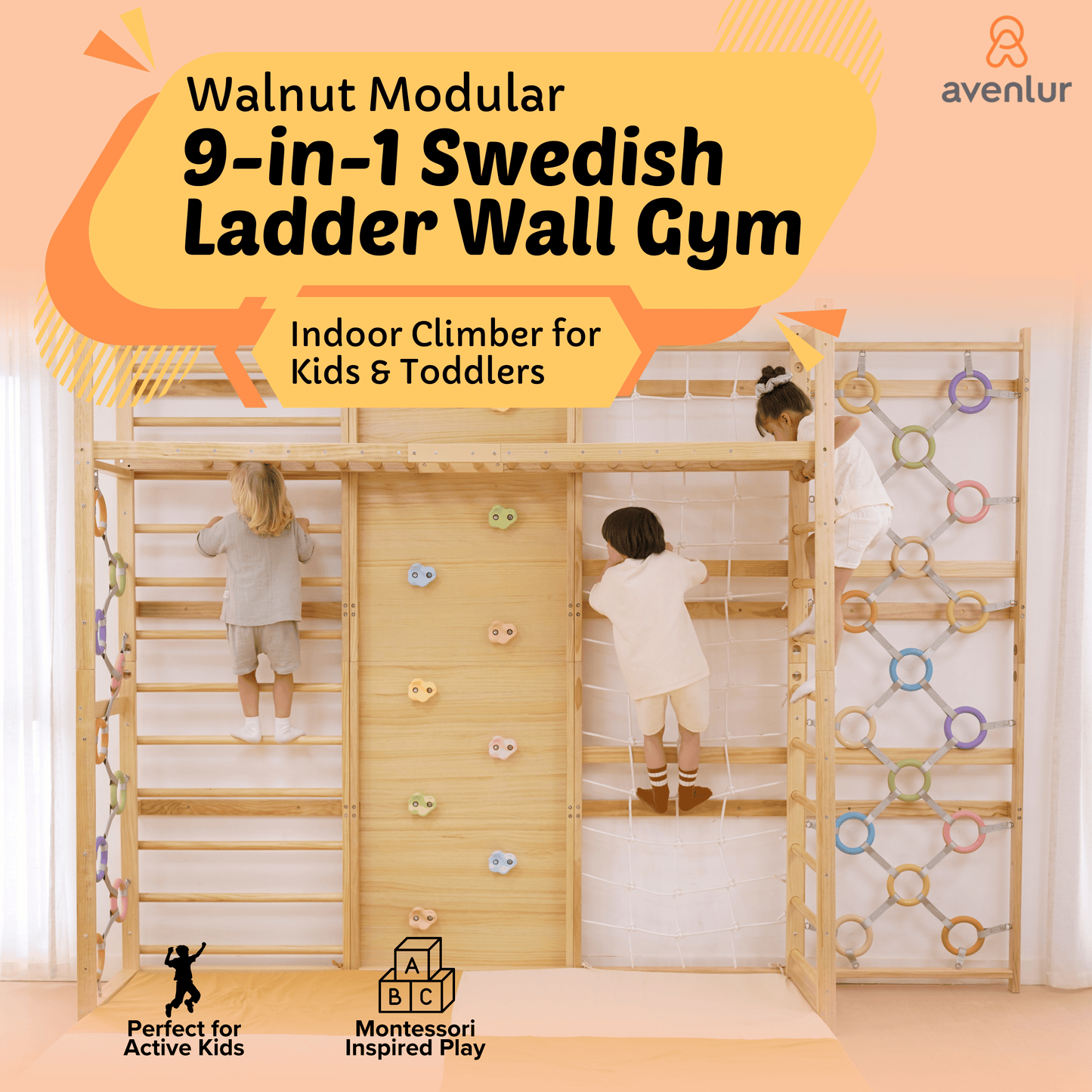 Avenlur.com Indoor 95 Inches Walnut Modular 9-in-1 Swedish Ladder Wall Gym – Indoor Climber for Kids & Toddlers