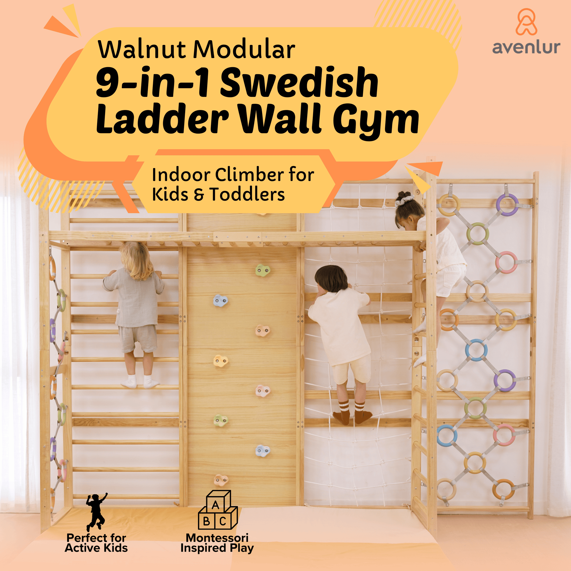 Avenlur.com Indoor 95 Inches Walnut Modular 9-in-1 Swedish Ladder Wall Gym – Indoor Climber for Kids & Toddlers