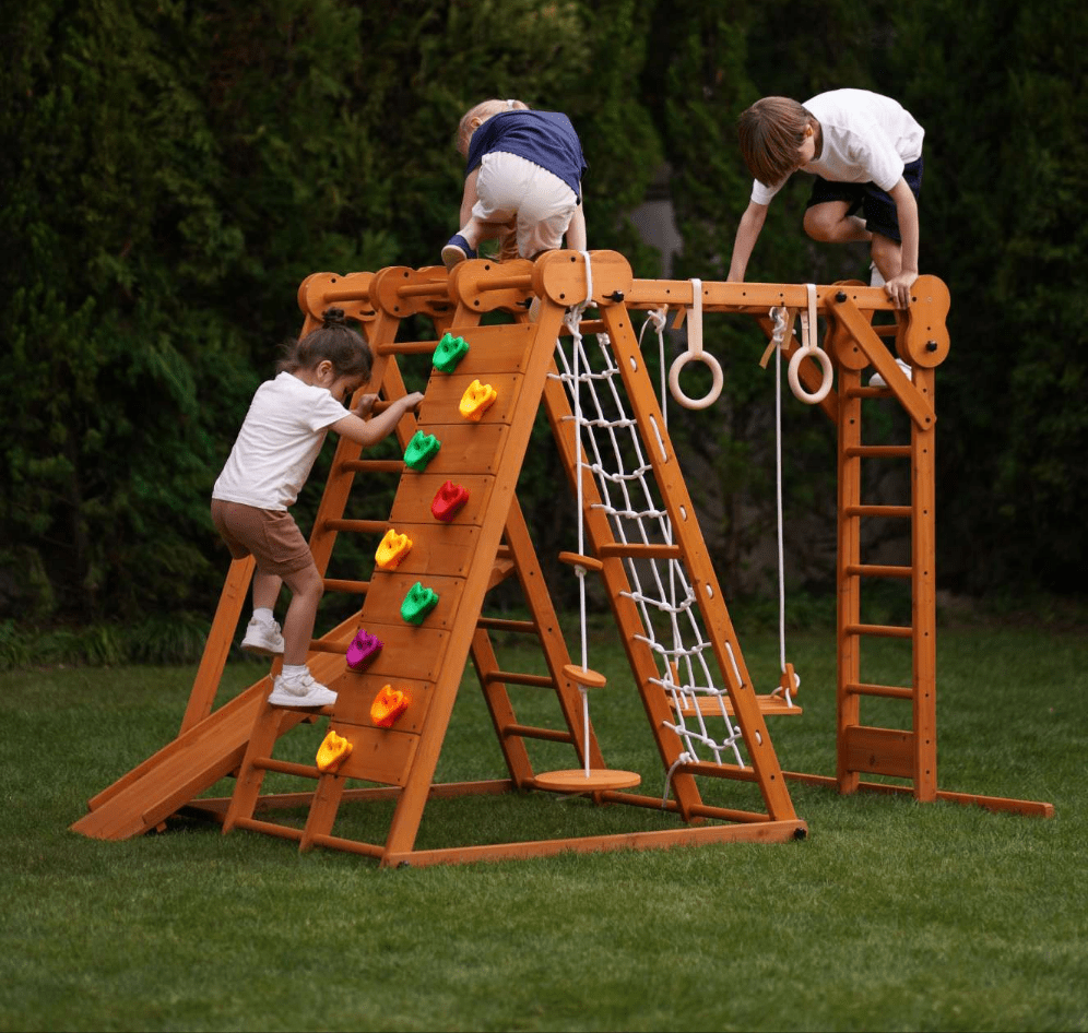 Avenlur.com Outdoor Large Chestnut 8-in-1 Jungle Gym for Toddlers | Indoor & Outdoor Wooden Playset