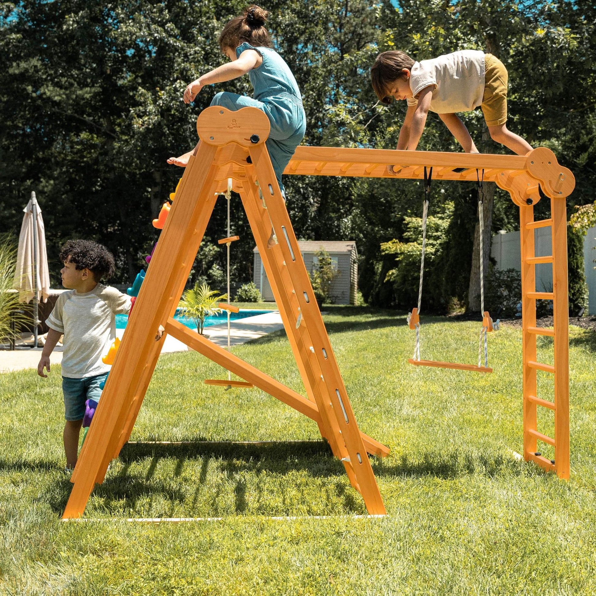 Avenlur.com Outdoor Large Chestnut 8-in-1 Jungle Gym for Toddlers | Indoor & Outdoor Wooden Playset