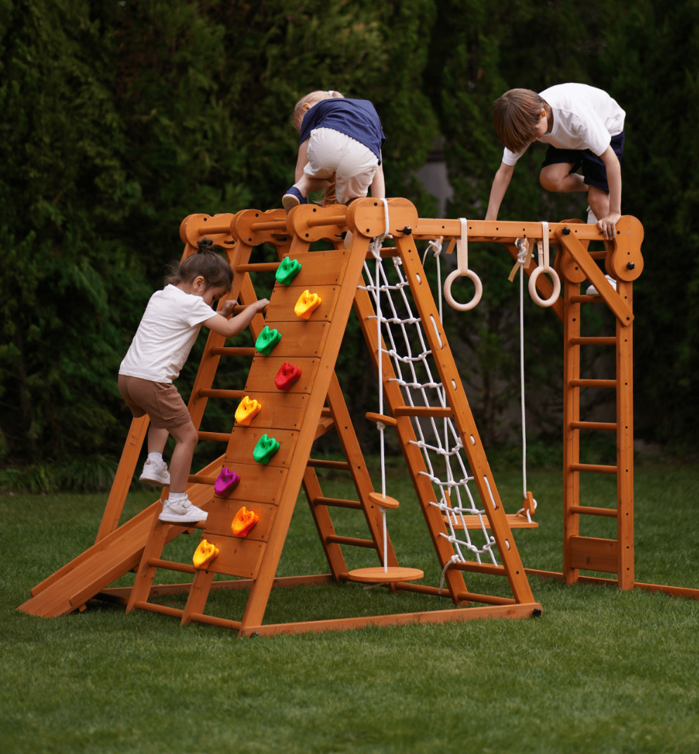 Avenlur.com Outdoor Large Chestnut 8-in-1 Jungle Gym for Toddlers | Indoor & Outdoor Wooden Playset