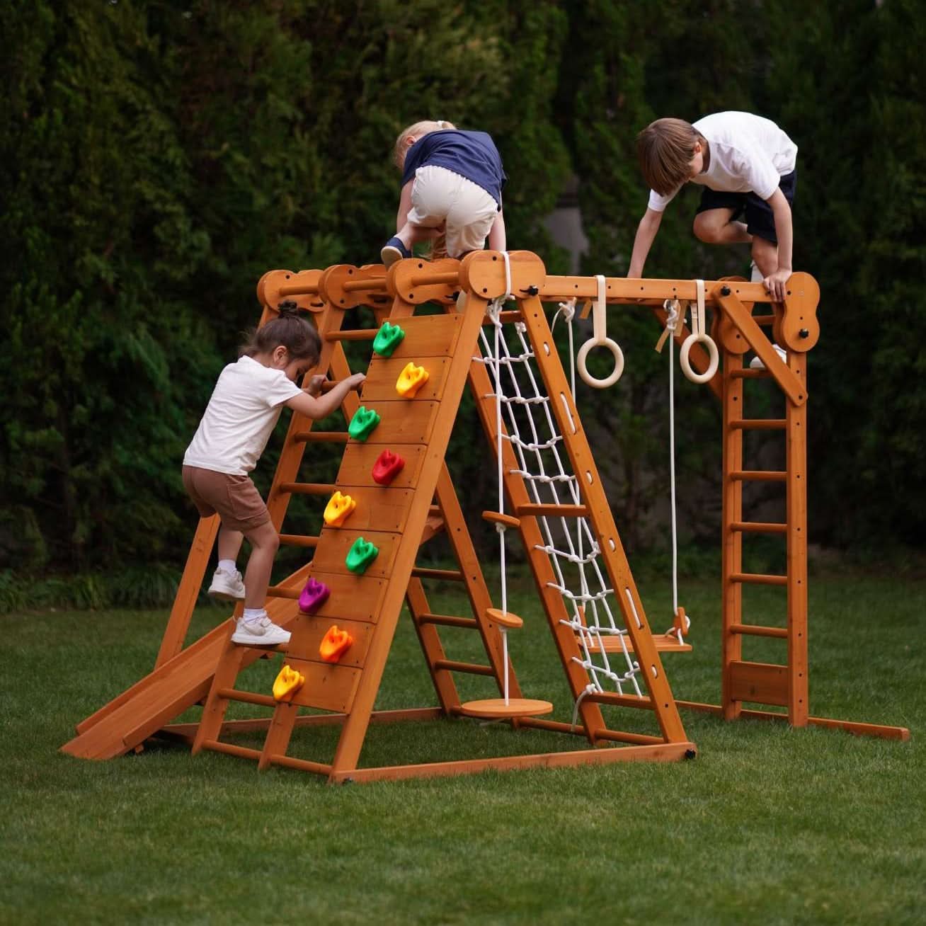 Avenlur.com Outdoor Large Chestnut 8-in-1 Jungle Gym for Toddlers | Indoor & Outdoor Wooden Playset
