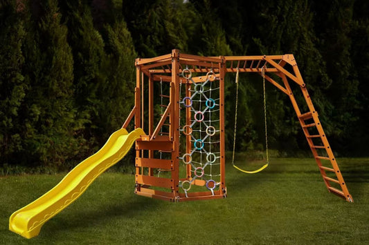 Avenlur Hawthorn XL Wooden Outdoor Playset – Slide, Swing, Climbing Wall & Monkey Bars | Backyard Playground Set for Kids - Grit Grind Strength
