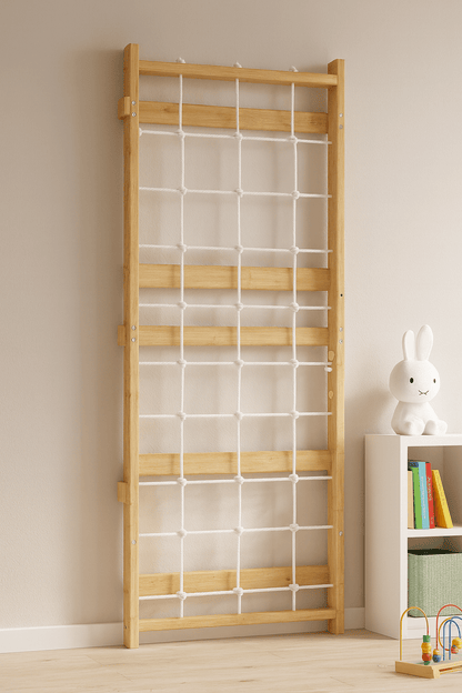 Avenlur Walnut Modular Add - On Rope Wall Panel – Indoor Wooden Climbing Net for Kids | Montessori Jungle Gym Expansion - Grit Grind Strength