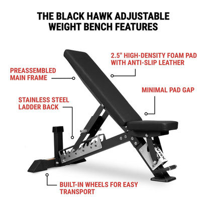 Black Hawk Commercial Adjustable Weight Bench (Pre - assembled) - Grit Grind Strength