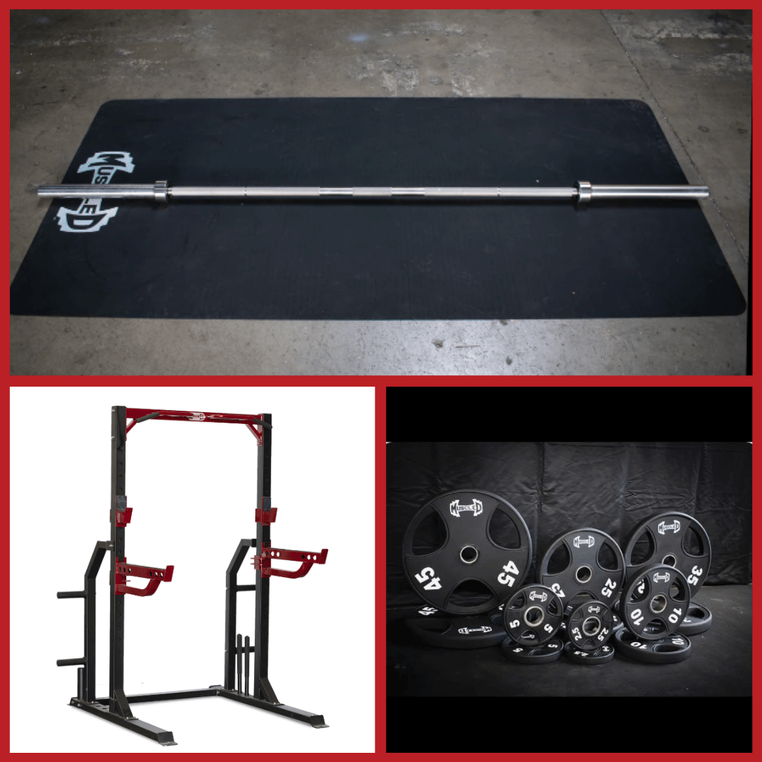 Compact Half Cage Complete Weight Kit - Muscle D Fitness - Storage Squat Rack Adjustable - Dip Handles - Grit Grind Strength