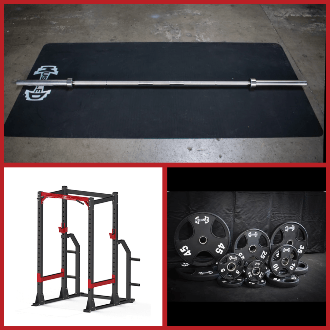 Compact Power Cage Complete Weight Set - Muscle D Fitness - Adjustable Squat Rack - Gym Storage - Chin up Bar Home Gym - Grit Grind Strength