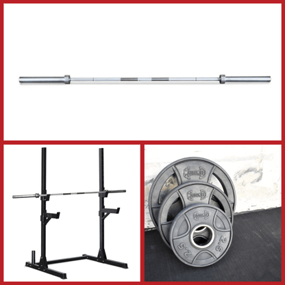 Compact Squat Stand Complete Weight Set - Muscle D Fitness - Adjustable Safety Guards - Vertical Bar Storage - Home Gym - Grit Grind Strength