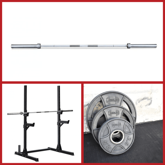 Compact Squat Stand Complete Weight Set - Muscle D Fitness - Adjustable Safety Guards - Vertical Bar Storage - Home Gym - Grit Grind Strength