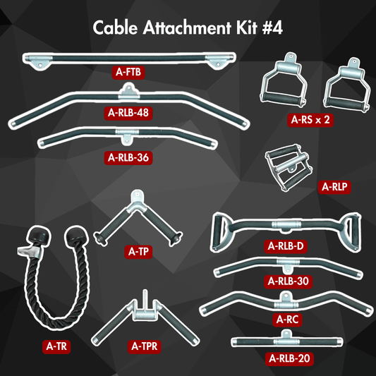 Complete Cable Attachment Kit 4 - Muscle D Fitness - Triceps Rope - Lat Bar - Single Handles - Low Row Bar - Training Bar - Grit Grind Strength