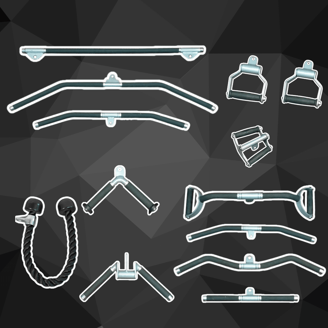 Complete Cable Attachment Kit 4 - Muscle D Fitness - Triceps Rope - Lat Bar - Single Handles - Low Row Bar - Training Bar - Grit Grind Strength