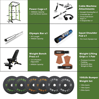 Core Sports & Fitness Power Cage | 1000 lb Heavy - Duty Home Gym Rack - Green - Grit Grind Strength