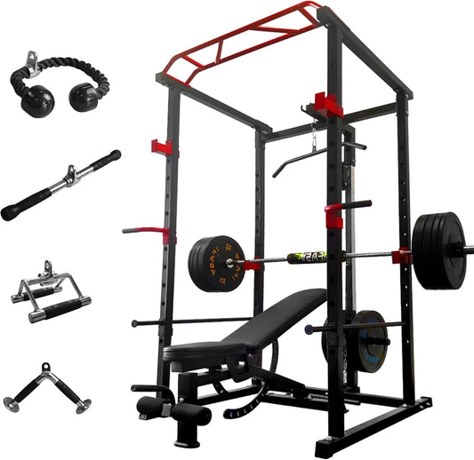 Core Sports & Fitness Power Cage | 1000 lb Home Gym with Bench & Attachments Black Red - Grit Grind Strength