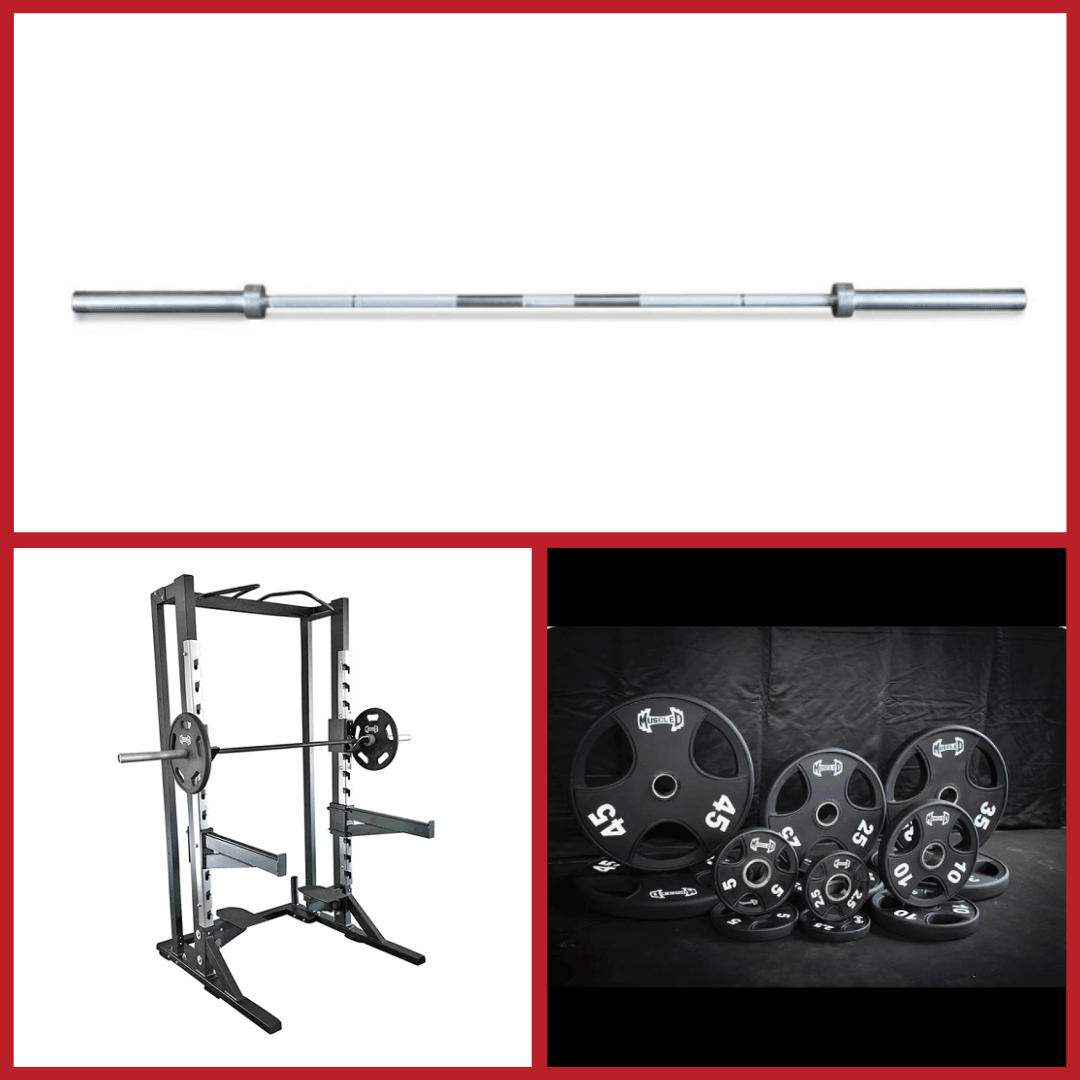 Deluxe Half Rack Complete Weight Set - Muscle D Fitness - Heavy Duty - Adjustable Safety Bars - Pull Up - Vertical Olympic Bar Storage - Grit Grind Strength
