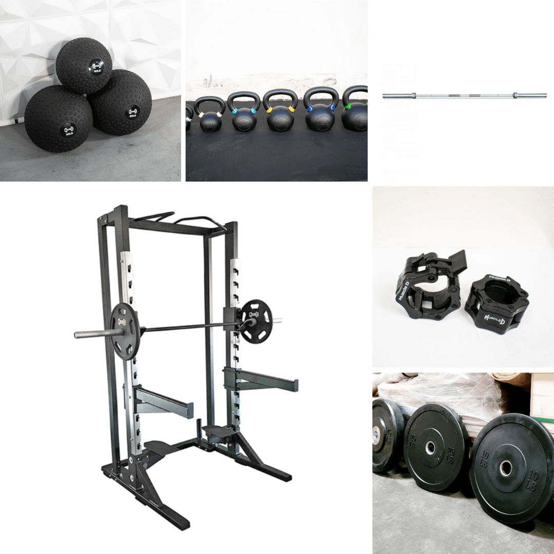 Deluxe Half Rack Complete Weight Set - Muscle D Fitness - Heavy Duty - Adjustable Safety Bars - Pull Up - Vertical Olympic Bar Storage - Grit Grind Strength