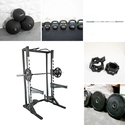 Deluxe Half Rack Complete Weight Set - Muscle D Fitness - Heavy Duty - Adjustable Safety Bars - Pull Up - Vertical Olympic Bar Storage - Grit Grind Strength