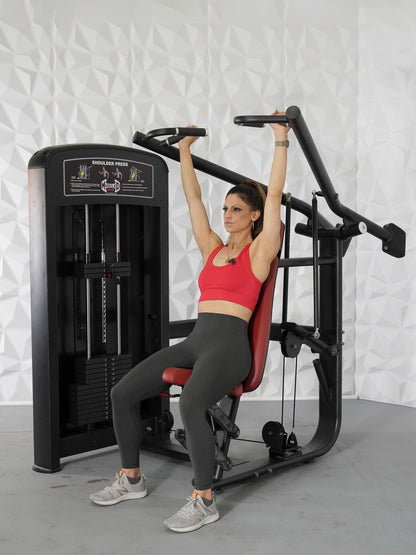 Elite Selectorized Shoulder Press - Muscle D Fitness - Commercial Adjustable Seated Pin Selectorized Shoulder Press Traps Shoulder Workout - Grit Grind Strength