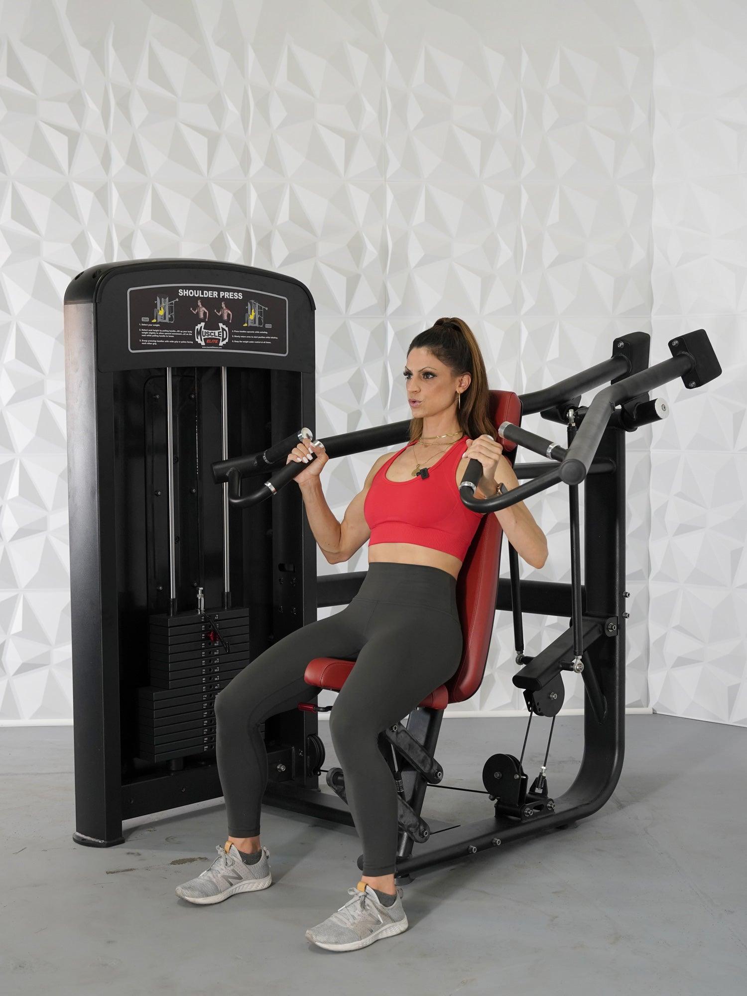Elite Selectorized Shoulder Press - Muscle D Fitness - Commercial Adjustable Seated Pin Selectorized Shoulder Press Traps Shoulder Workout - Grit Grind Strength