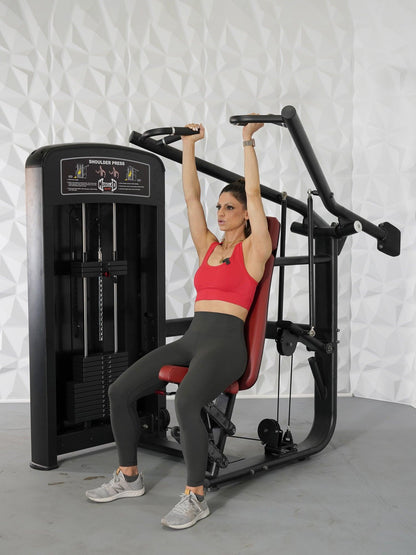 Elite Selectorized Shoulder Press - Muscle D Fitness - Commercial Adjustable Seated Pin Selectorized Shoulder Press Traps Shoulder Workout - Grit Grind Strength
