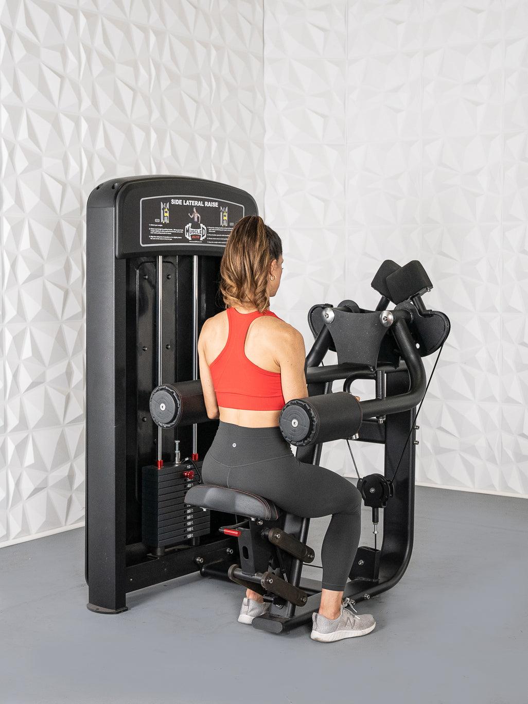 Elite Selectorized Side Lateral Raise - Muscle D Fitness - Commercial - Adjustable Seated - Pin Selectorized - Padded Shoulder Workout - Grit Grind Strength