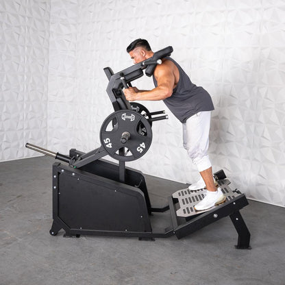 Excel Glute Line Hack Squat / Front Squat - Muscle D Fitness - Plate Load Squat Machine - Counter Balanced - Plate Storage Pegs - Grit Grind Strength