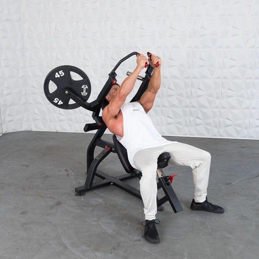 Excel Leverage Incline Pec Fly - Muscle D Fitness - Plate Loaded Chest - Piston Assisted Seat Adjustment - Grit Grind Strength