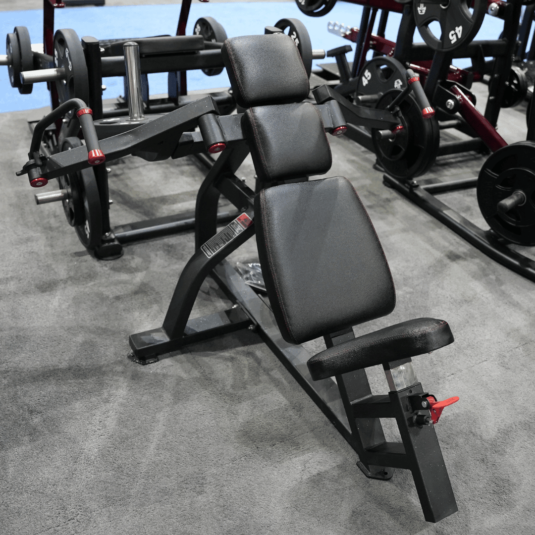 Excel Leverage Incline Pec Fly - Muscle D Fitness - Plate Loaded Chest - Piston Assisted Seat Adjustment - Grit Grind Strength