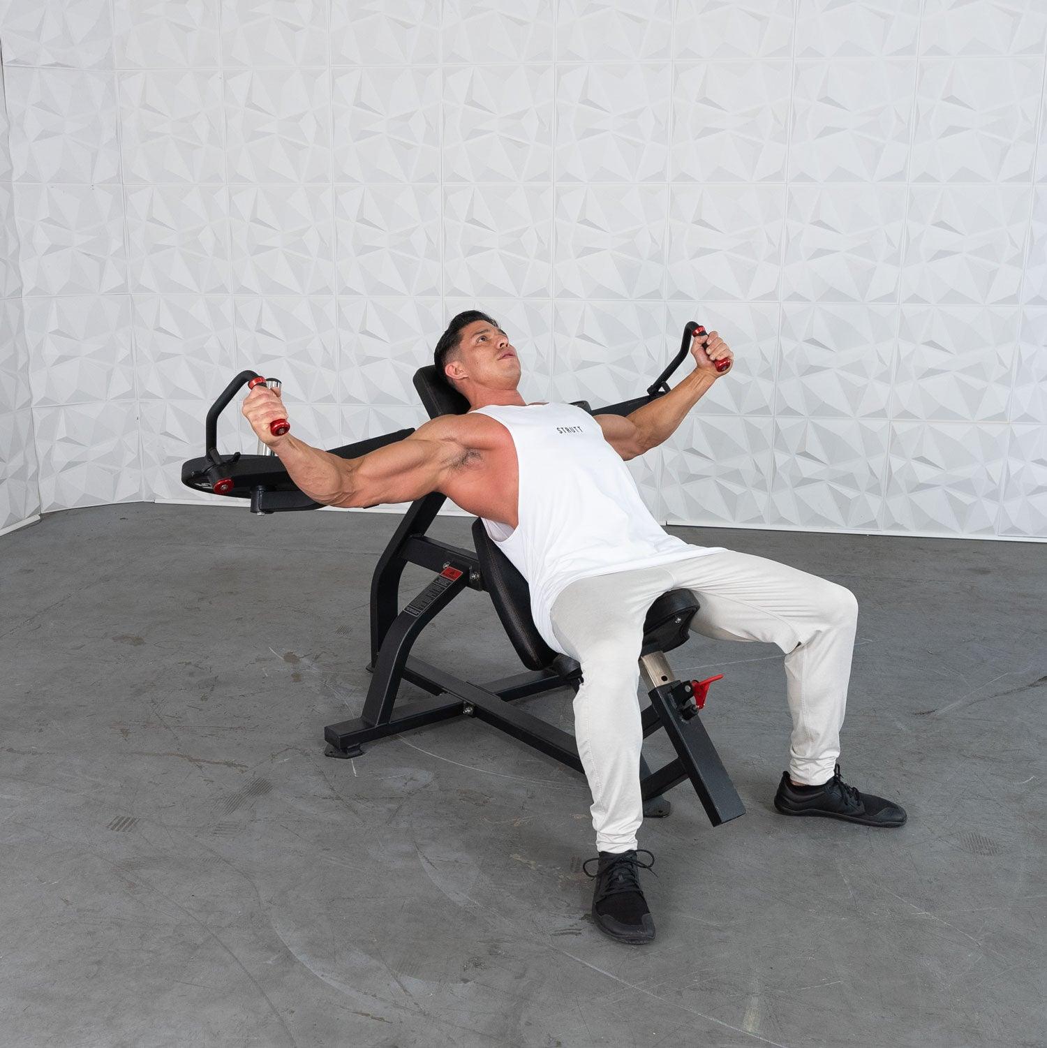 Excel Leverage Incline Pec Fly - Muscle D Fitness - Plate Loaded Chest - Piston Assisted Seat Adjustment - Grit Grind Strength
