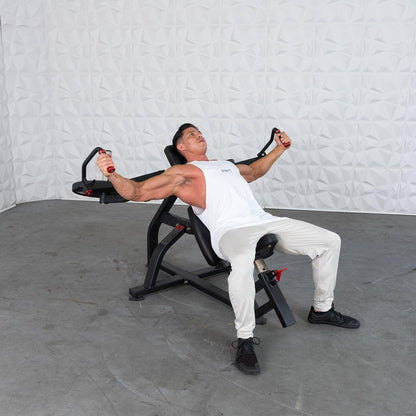 Excel Leverage Incline Pec Fly - Muscle D Fitness - Plate Loaded Chest - Piston Assisted Seat Adjustment - Grit Grind Strength