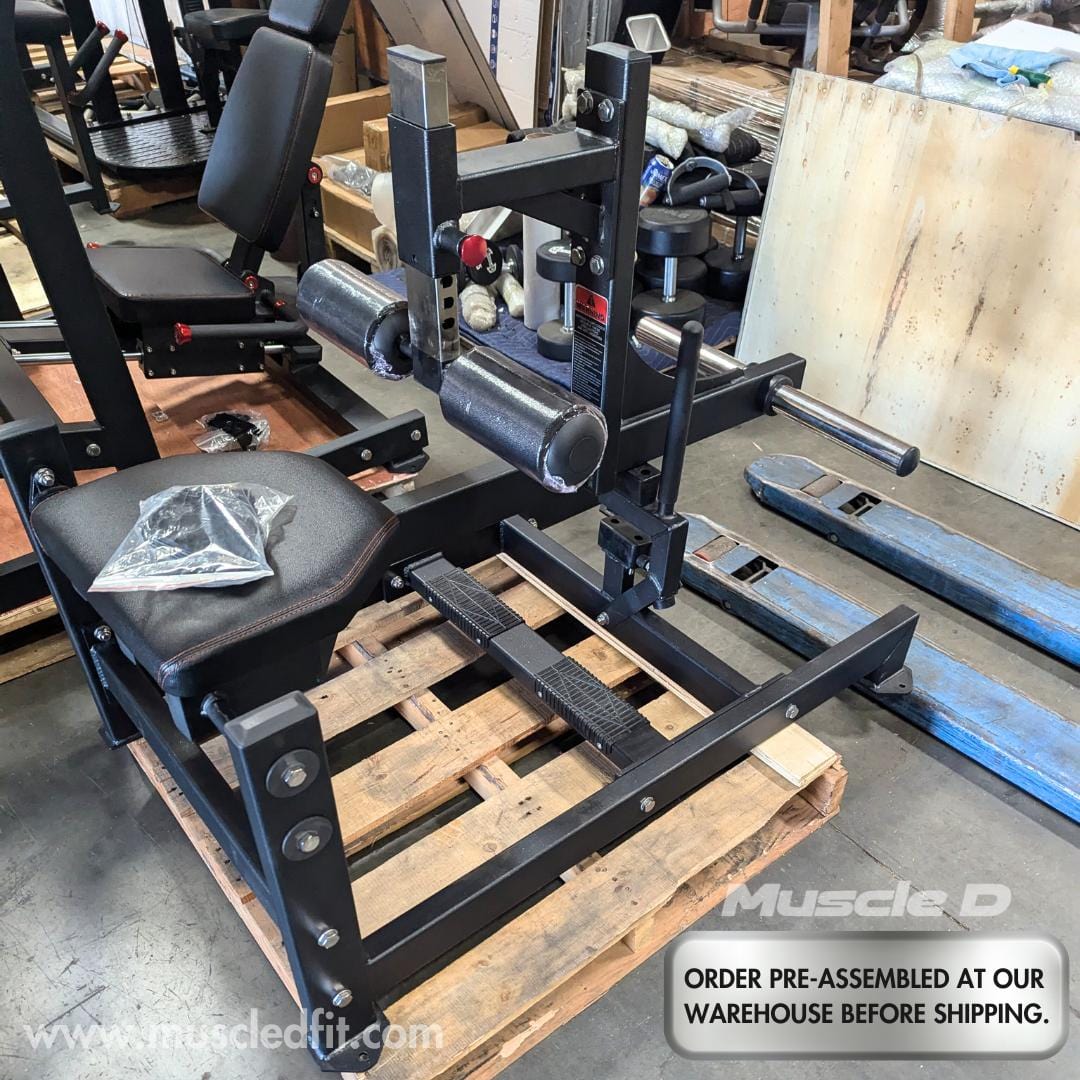 Excel Seated Calf Raise - Muscle D Fitness - Plate Load Foot Extension - Adjustable Roller Pads - Grit Grind Strength