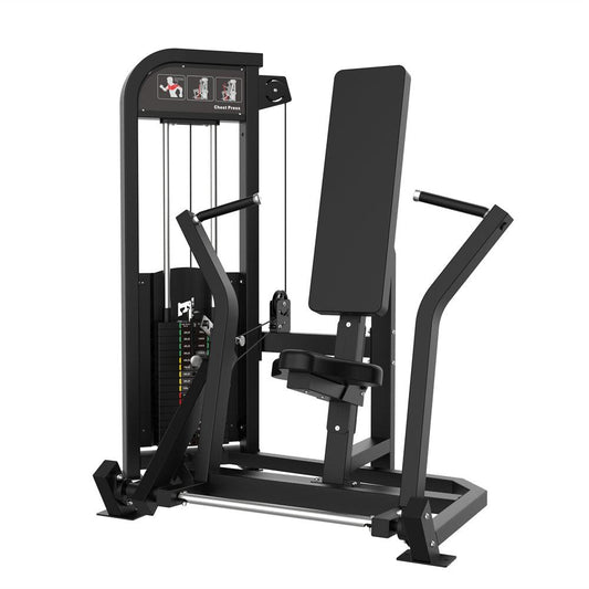 Excel Seated Chest Press - Muscle D Fitness - Selectorized Bench Press - Gas Shock Assisted Seat Adjustment - Grit Grind Strength